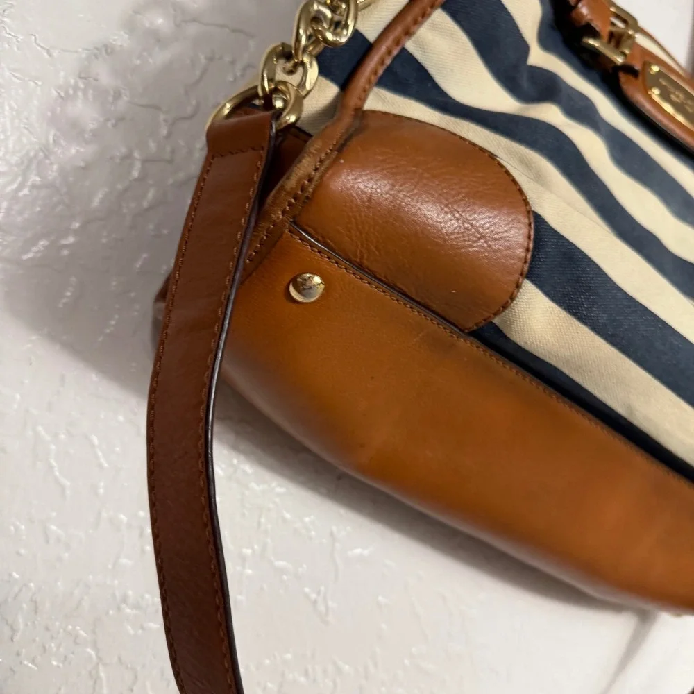 Michael Kors Hamilton Satchel Navy Cream Striped Canvas Leather Trim Handbag